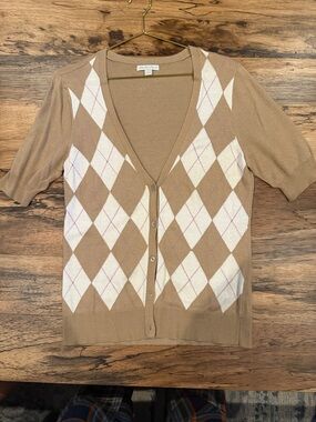 New York & Company Camel and White Argyle Button Cardigan